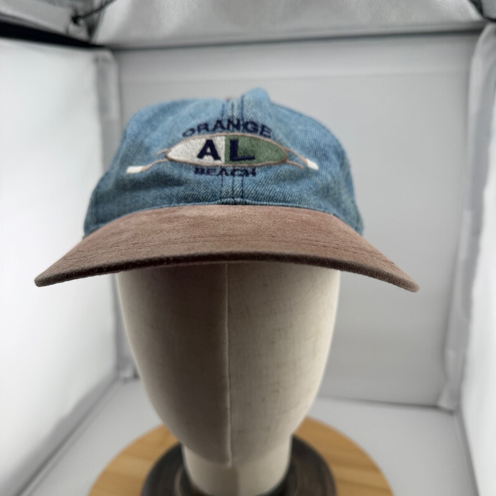 Luna Pier Orange Beach AL Denim Baseball Hat Brown Faux Suede Brim Adjustable
